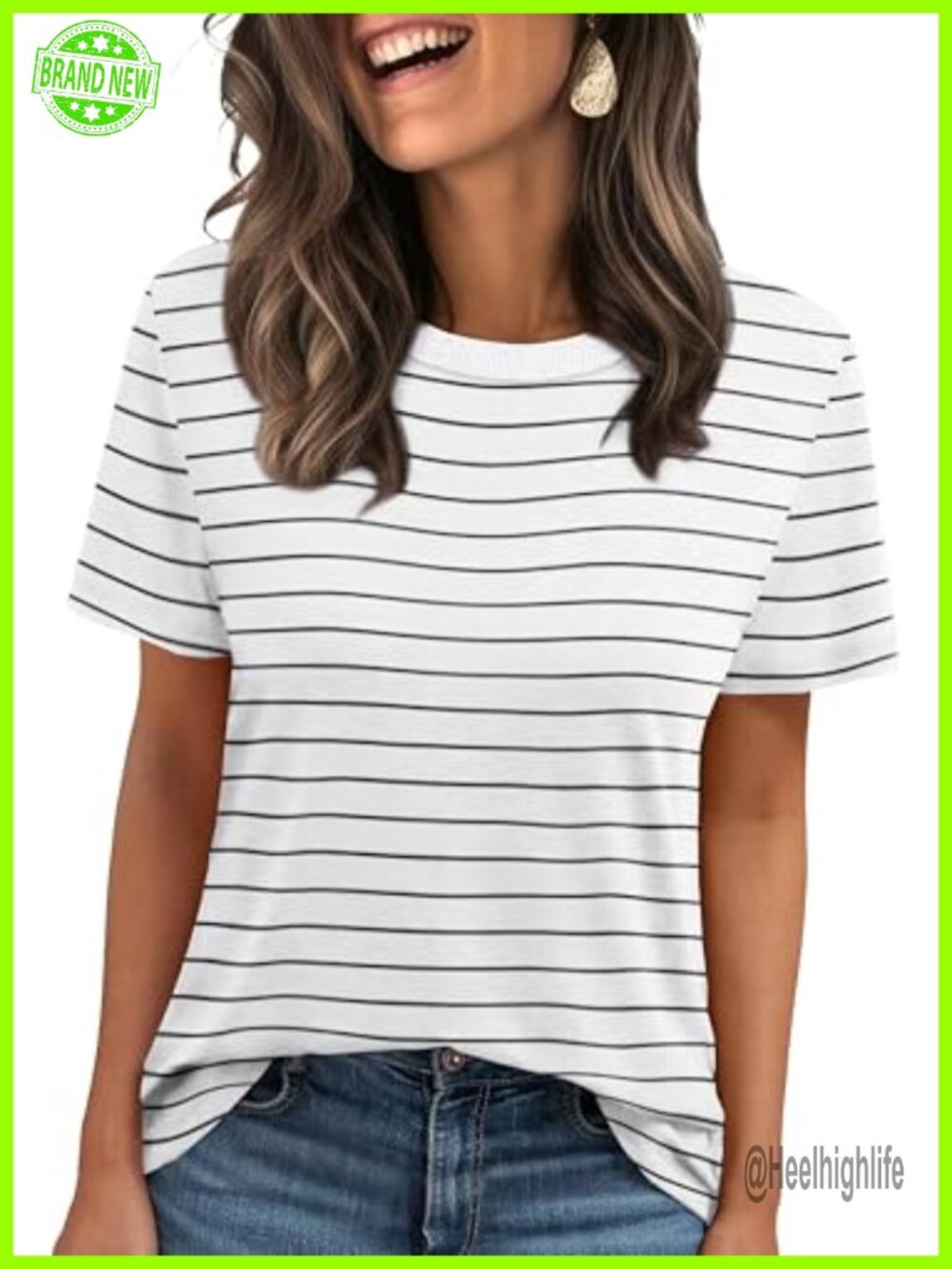 Womens Ribbed Trim Crewneck Short Sleeve T-Shirt Casual Basic Tee